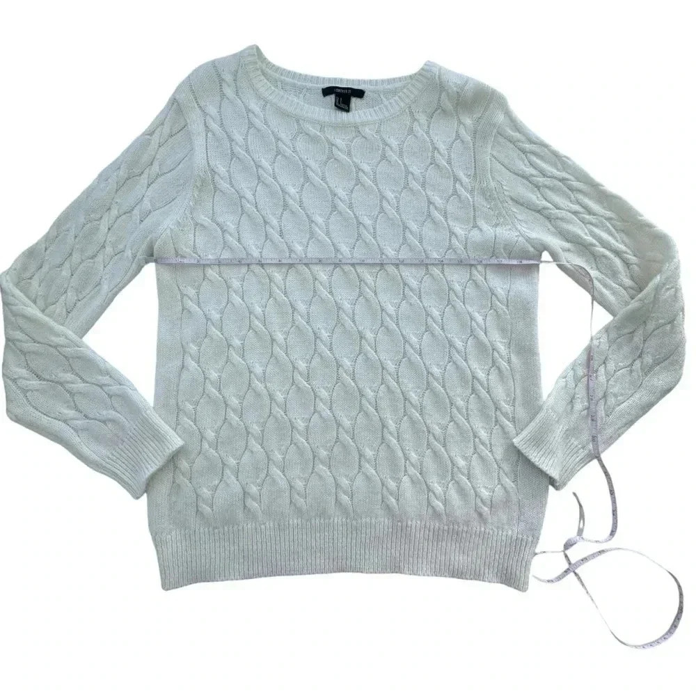 Women Pullover Sweater large L White Cream Rabbit Hair-Wool Cable Knit - Picture 5 of 7